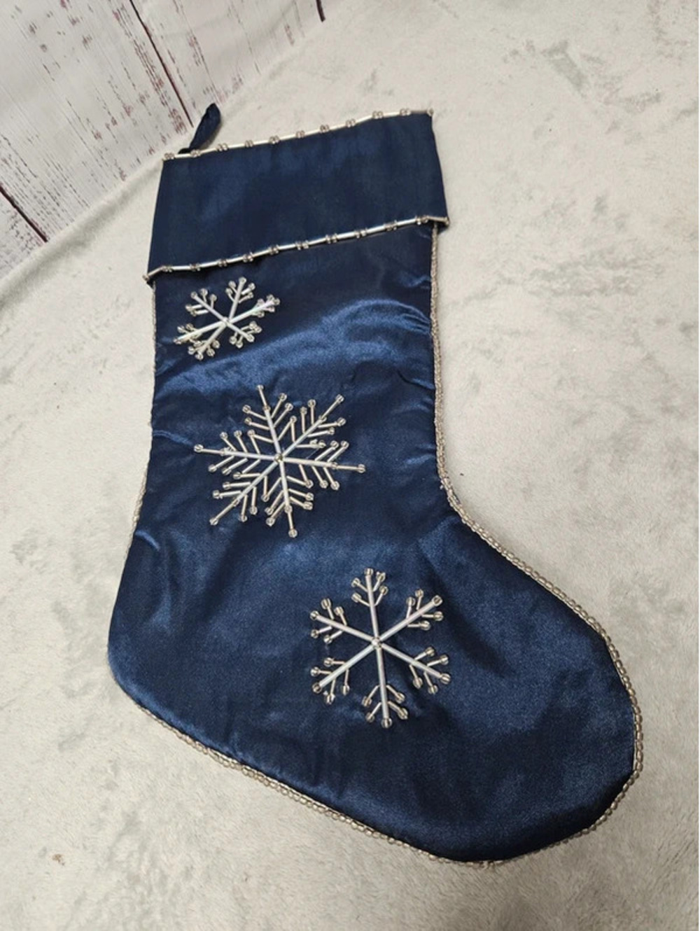 Martha Stewart Navy Blue Satin Stocking w/ Silver Bead Snowflakes